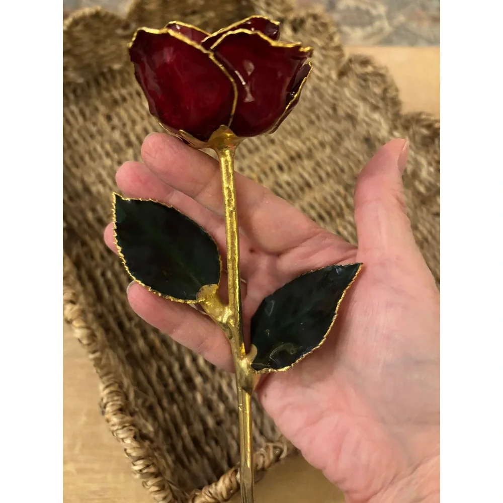 24k Gold Dipped Real Rose Red Lacquer Preserved Long Stem Gold Trim Ornament